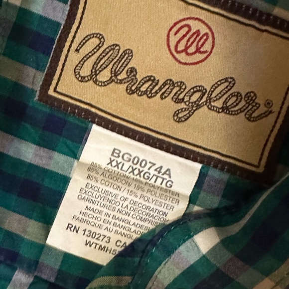 Boy’s Wrangler Button Down Shirt Size XXL-Green/Blue Plaid - Picture 2 of 3
